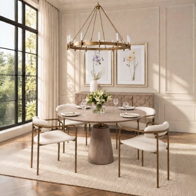 69032-AB - Maxwell 54" Round Pedestal Dining Table | Modern | Brown Wood & Brown Wood/Gold Metal | Seats 4