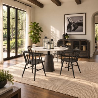 70781-AB - Maxwell 48" Round Pedestal Dining Table | White Marble & Black Wood | Seats 4