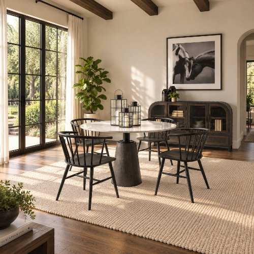 70781-AB - Maxwell 48" Round Pedestal Dining Table | White Marble & Black Wood | Seats 4