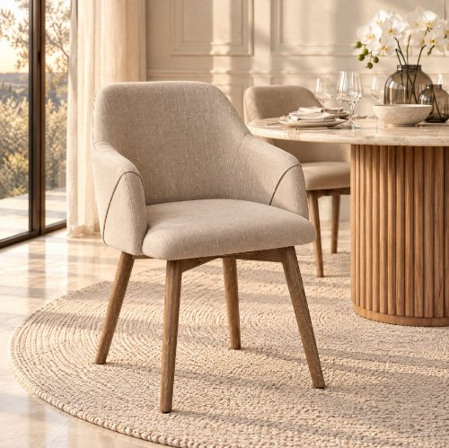 68319 - Ronald Curved Back Dining Side Chair | Cream Fabric w/ Brown Wood